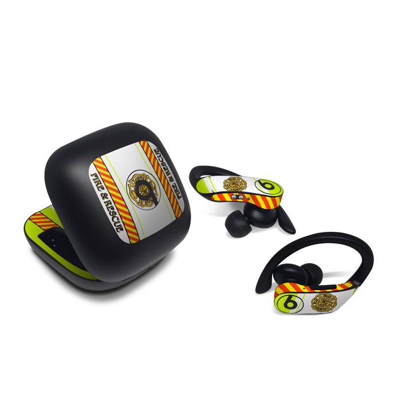 Beats Powerbeats Pro Skin design of Yellow, Line, Font, Military rank, with white, green, red, yellow colors