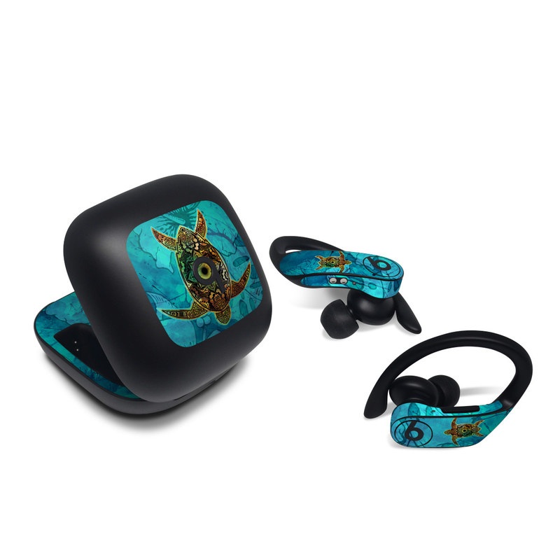 Beats Powerbeats Pro Skin design of Sea turtle, Green sea turtle, Turtle, Hawksbill sea turtle, Tortoise, Reptile, Loggerhead sea turtle, Illustration, Art, Pattern, with blue, black, green, gray, red colors
