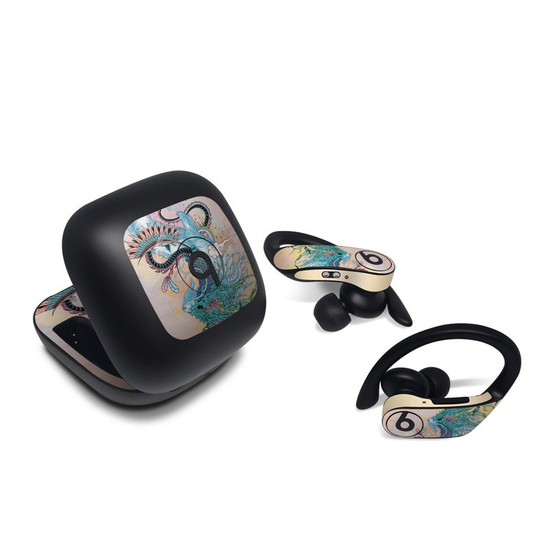 Beats Powerbeats Pro Skin design of Illustration, Water, Watercolor paint, Art, Fictional character, Graphic design, Mythology, Visual arts, Painting, Drawing, with yellow, pink, blue, green colors
