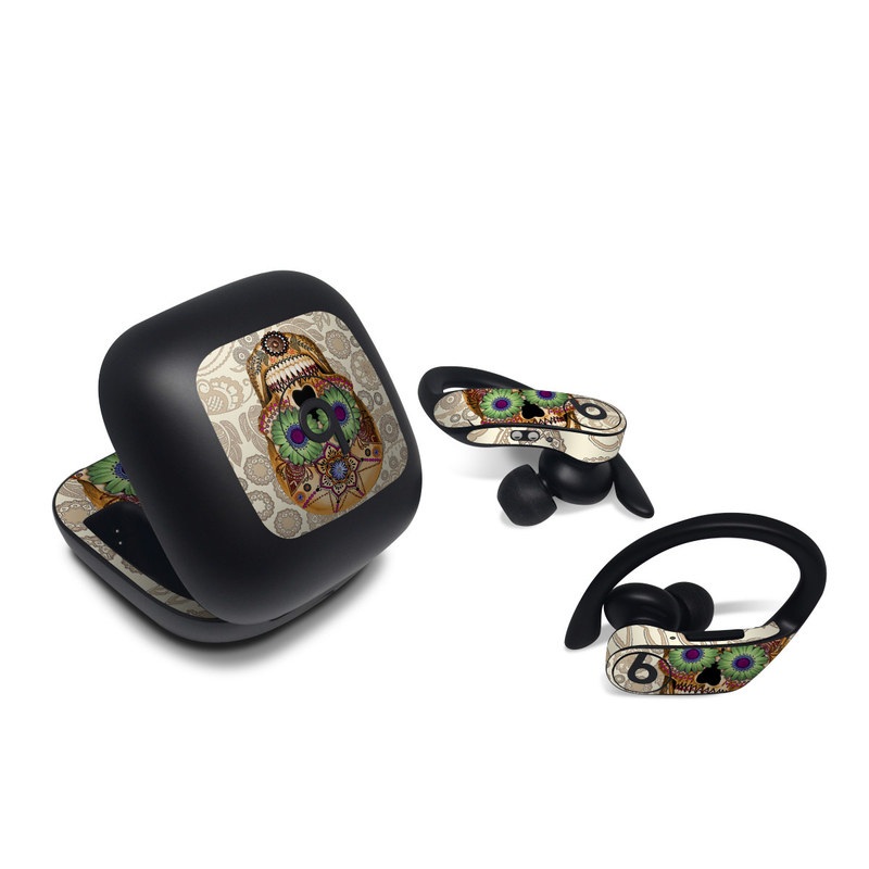 Beats Powerbeats Pro Skin design of Skull, Bone, Pattern, Design, Illustration, Visual arts, Fashion accessory, Art, with gray, yellow, green, black, red, pink colors