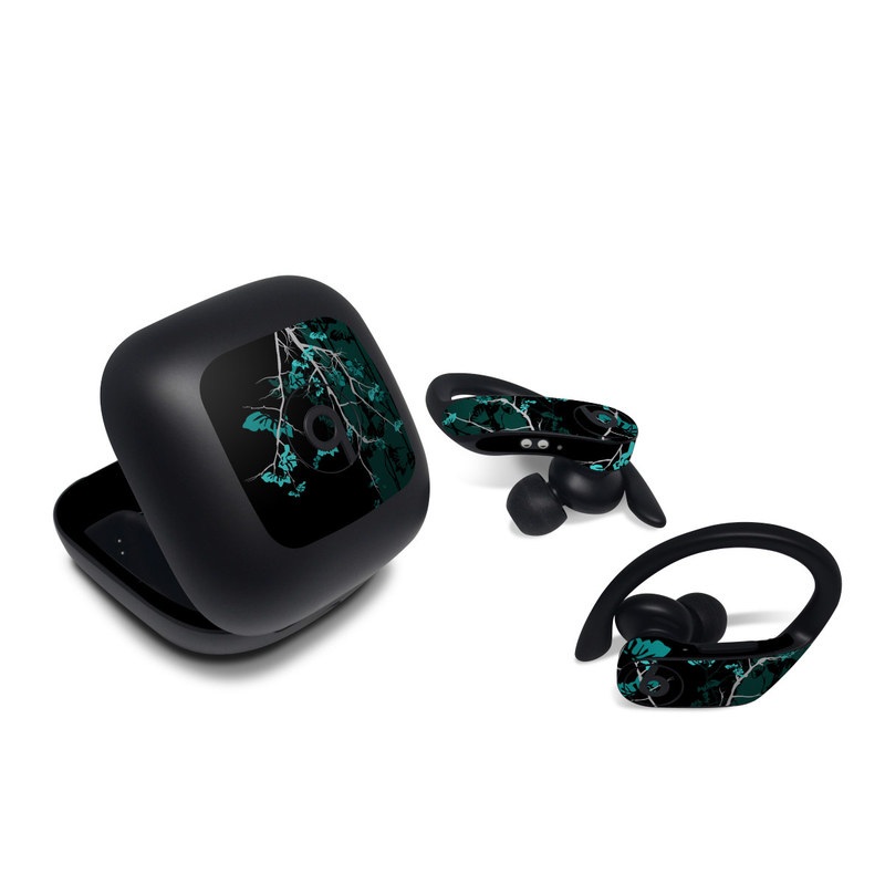 Beats Powerbeats Pro Skin design of Branch, Black, Blue, Green, Turquoise, Teal, Tree, Plant, Graphic design, Twig, with black, blue, gray colors