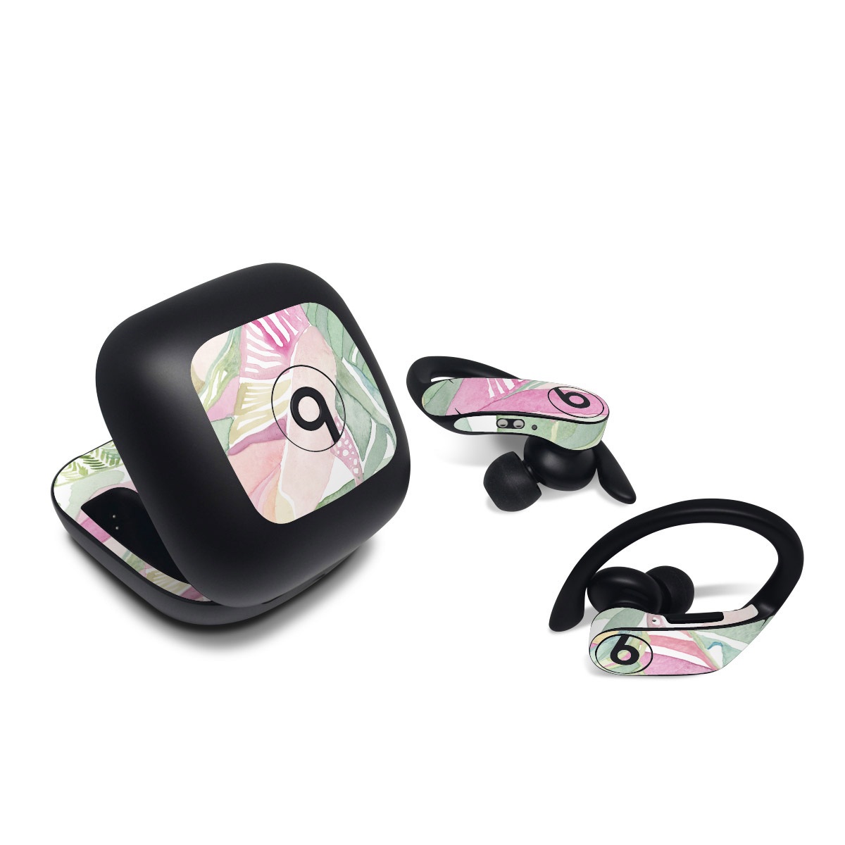 Beats Powerbeats Pro Skin design of Pink, Leaf, Botany, Pattern, Plant, Flower, Illustration, with white, green, pink, orange colors