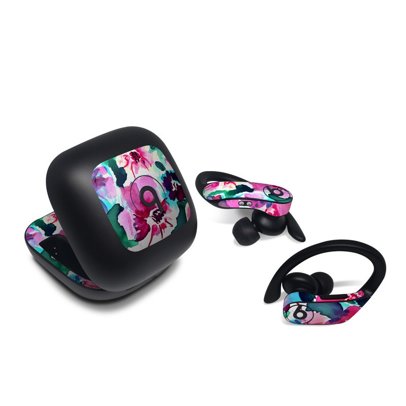 Beats Powerbeats Pro Skin design of Flower, Pink, Petal, Plant, Pattern, Hawaiian hibiscus, Design, Magenta, Flowering plant, Watercolor paint, with white, pink, blue, green, red colors