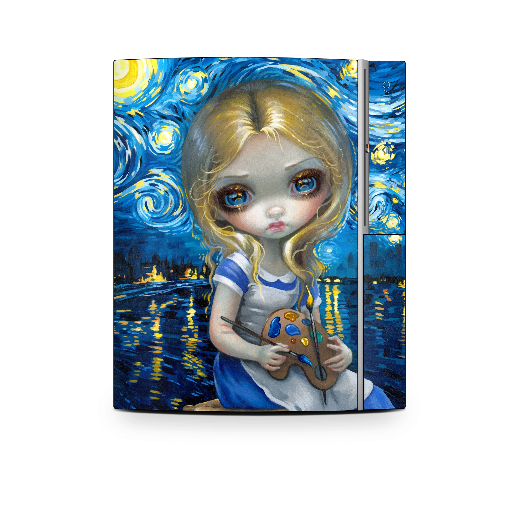 Old PS3 Skin design of Blue, Illustration, Cg artwork, Doll, Art, Acrylic paint, Painting, Toy, Fictional character, Visual arts, with blue, yellow, white, brown, red colors