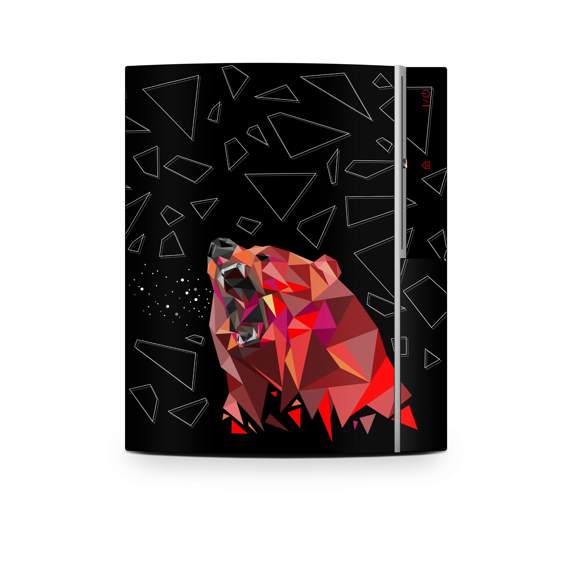 Old PS3 Skin design of Graphic design, Triangle, Font, Illustration, Design, Art, Visual arts, Graphics, Pattern, Space, with black, red colors