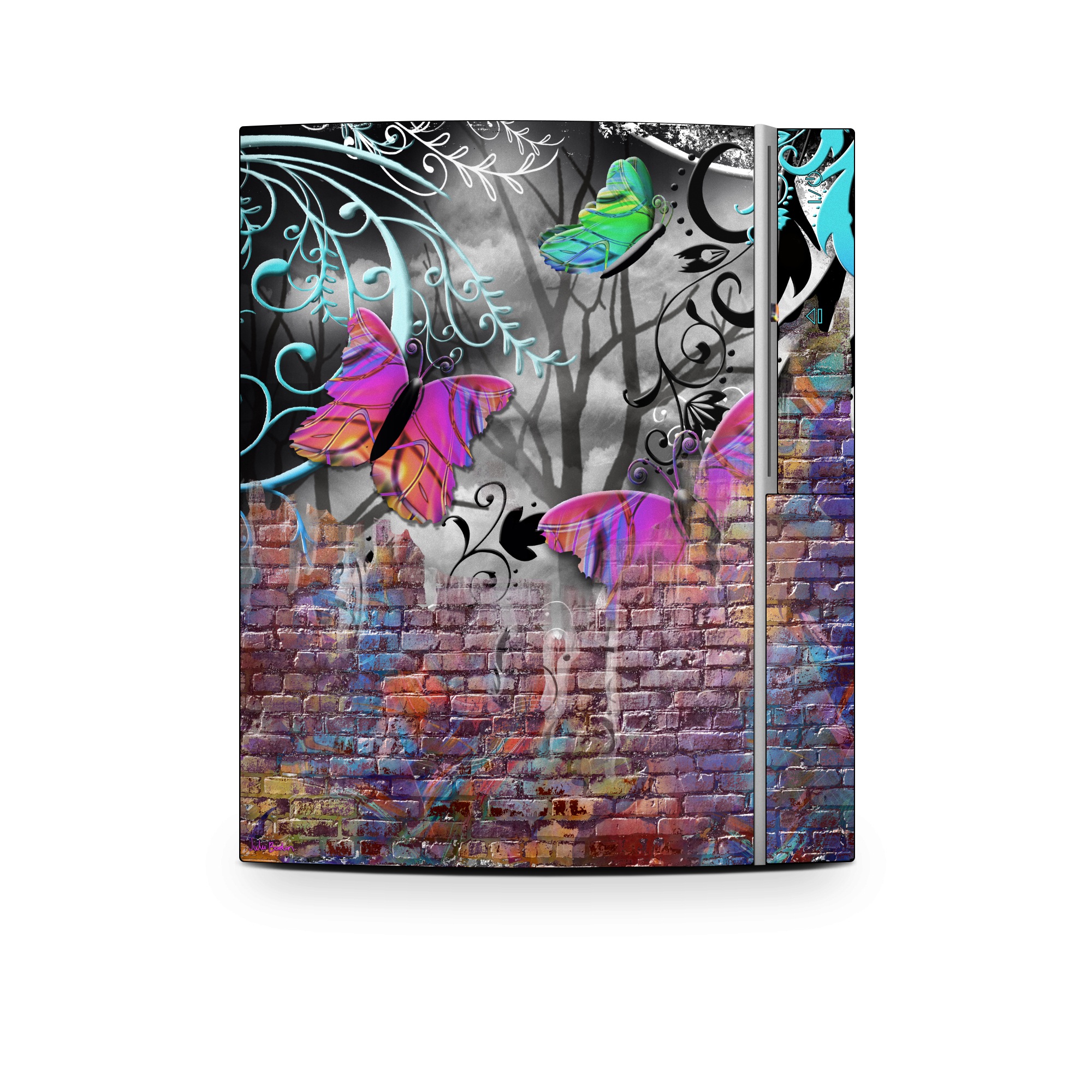 Old PS3 Skin design of Purple, Graphic design, Art, Pattern, Graffiti, Organism, Street art, Wall, Font, Illustration, with red, black, gray, purple, orange, blue, green colors