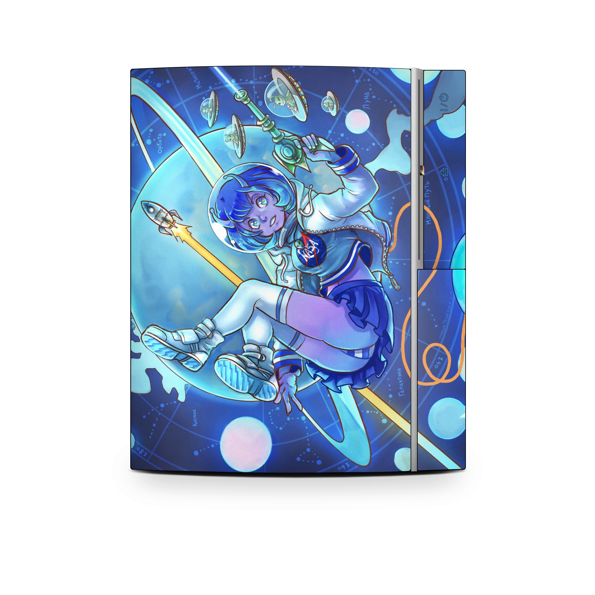Old PS3 Skin design of Cartoon, Illustration, Graphic design, Games, Space, Design, Anime, Art, Graphics, Fictional character, with blue, white, yellow, purple, green, red, orange, black colors