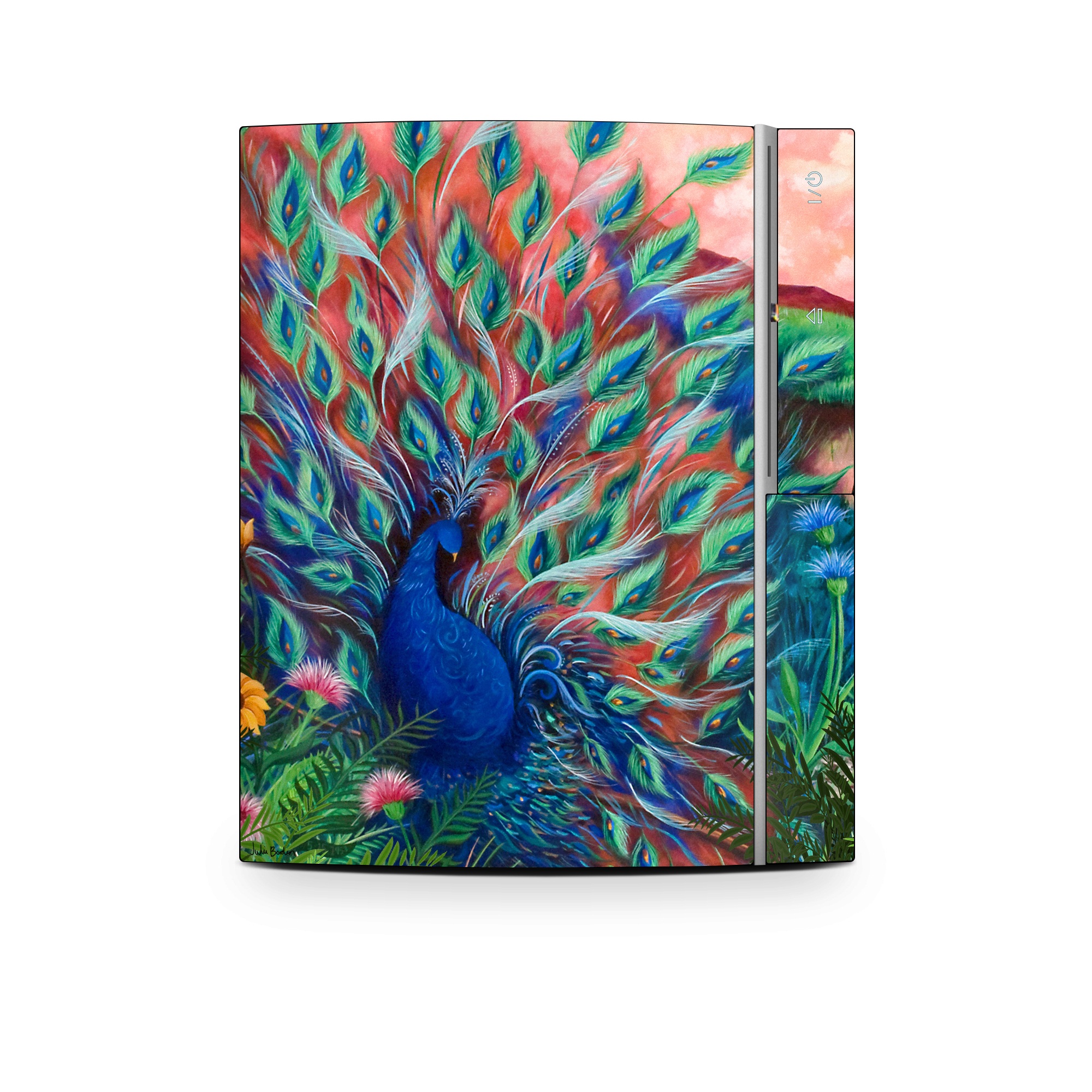 Old PS3 Skin design of Painting, Acrylic paint, Bird, Child art, Art, Galliformes, Peafowl, Visual arts, Watercolor paint, Plant, with black, red, gray, blue, green colors