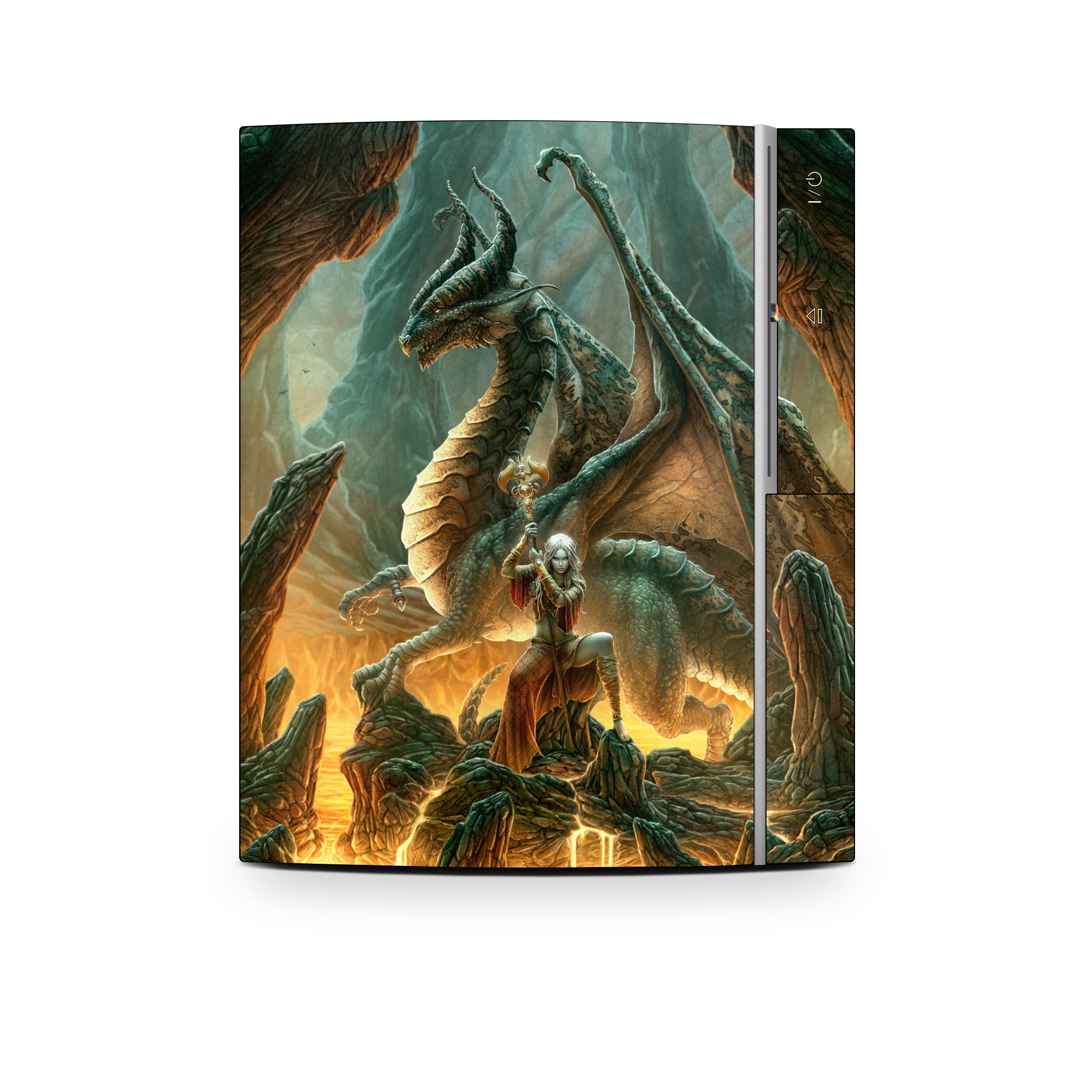 Old PS3 Skin design of Dragon, Cg artwork, Mythology, Fictional character, Mythical creature, Art, Illustration, Cryptid, Sculpture, Demon, with black, green, red, gray, blue colors