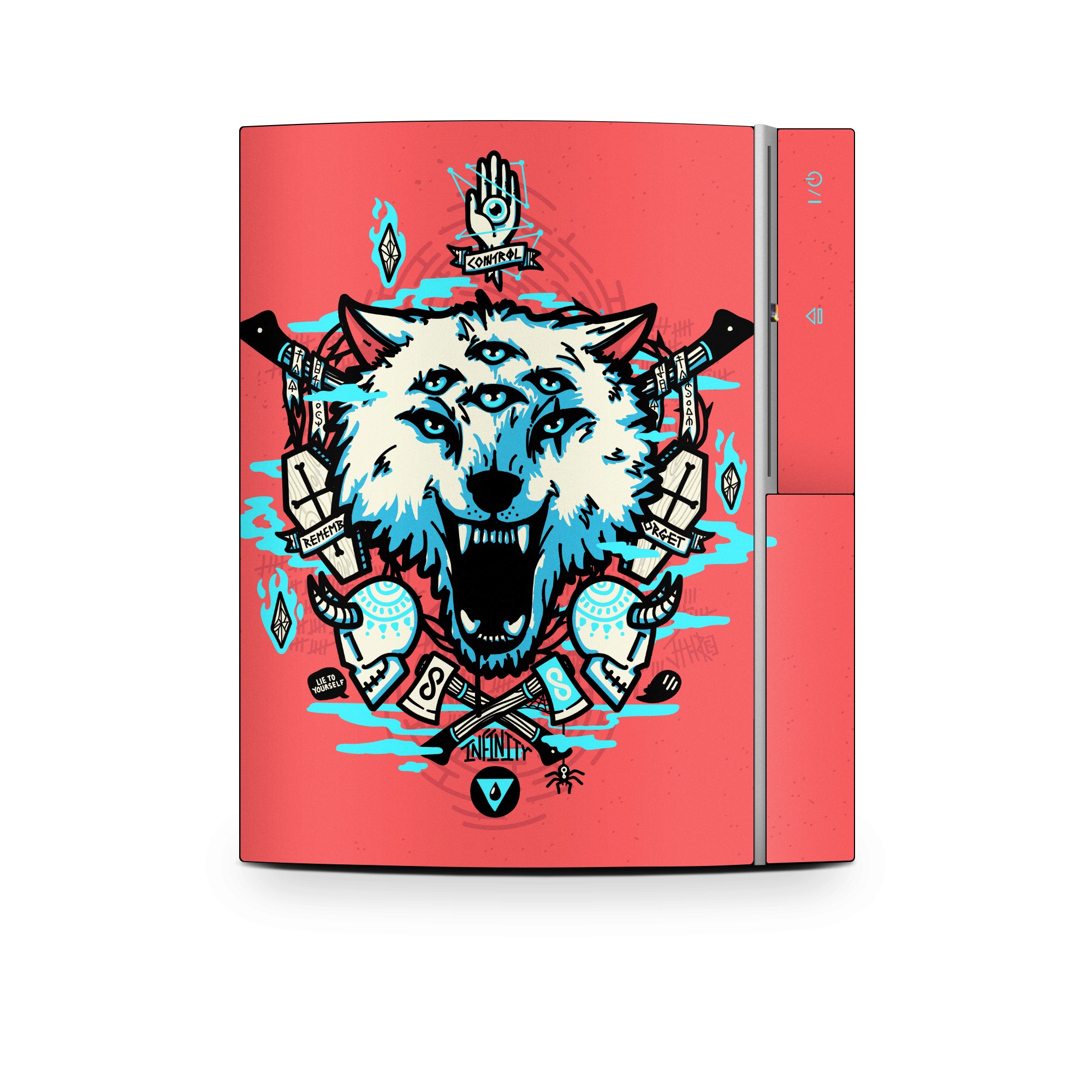 Old PS3 Skin design of Graphic design, Illustration, Crest, Logo, T-shirt, Symbol, Font, Graphics, Emblem, Pattern, with red, blue, black, gray colors