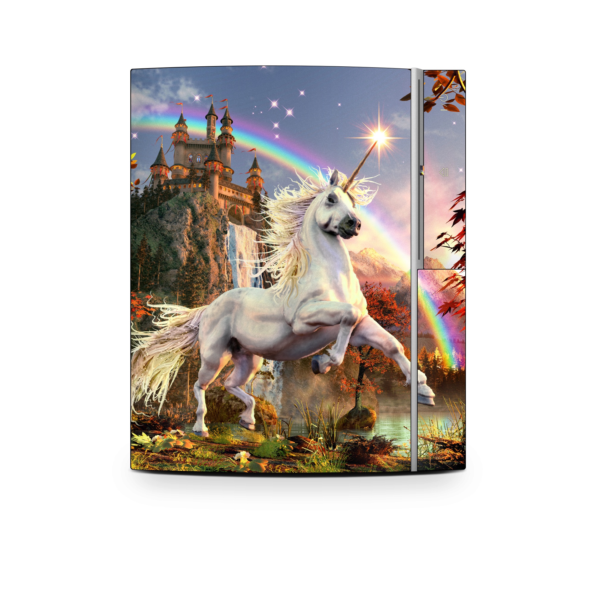 Old PS3 Skin design of Nature, Unicorn, Fictional character, Sky, Mythical creature, Mythology, Cg artwork, Horse, Mane, Wildlife, with black, gray, red, green, blue colors