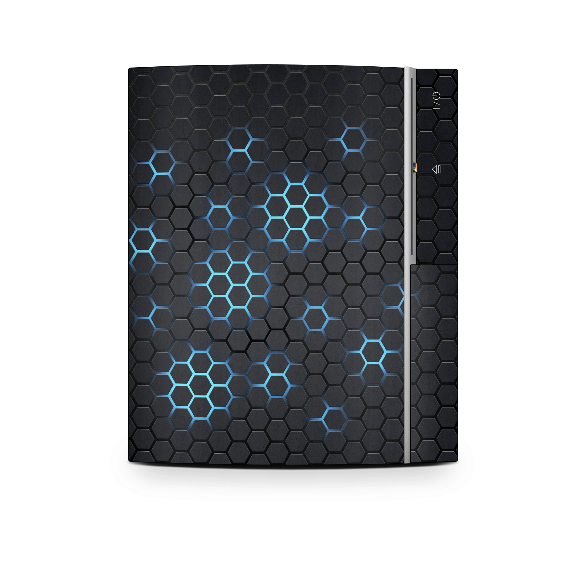 Old PS3 Skin design of Pattern, Water, Design, Circle, Metal, Mesh, Sphere, Symmetry, with black, gray, blue colors