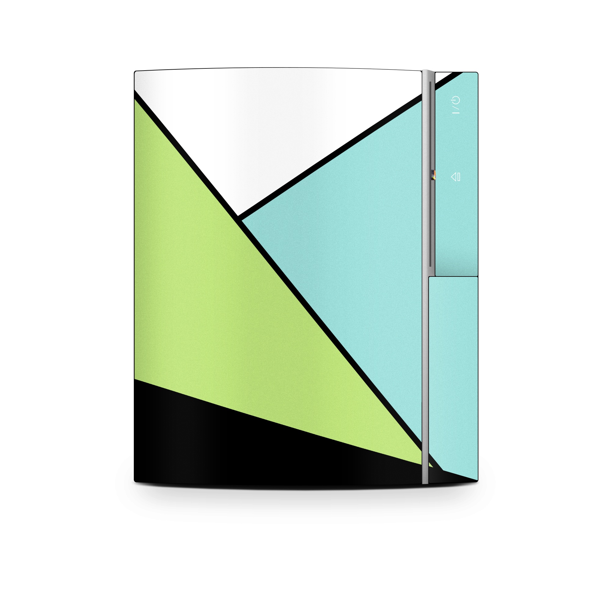 Old PS3 Skin design of Green, Line, Blue, Triangle, Design, Parallel, Pattern, Graphic design, Slope, with white, black, green, blue colors