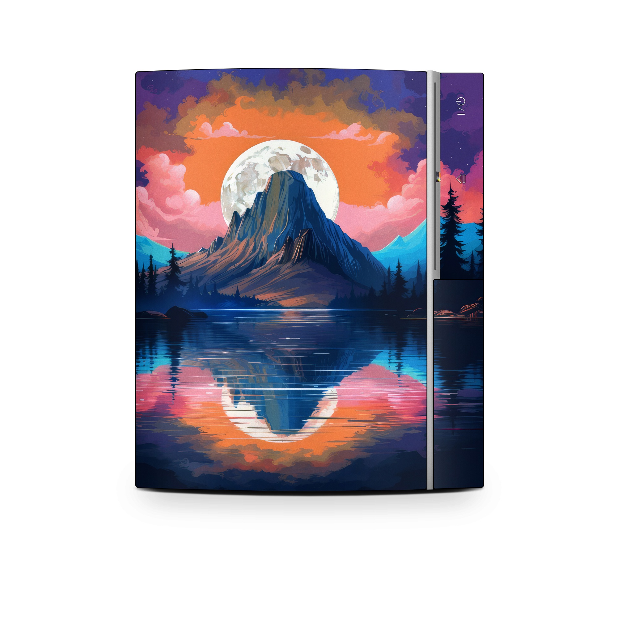 Old PS3 Skin design of Water, Sky, Cloud, Daytime, World, Mountain, Natural Landscape, Azure, Paint, Plant, Tree, with black, blue, red, yellow, orange, pink, purple colors