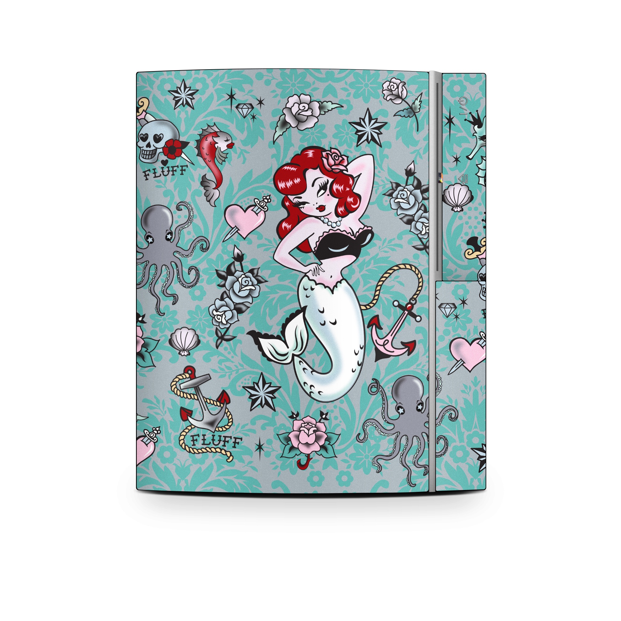 Old PS3 Skin design of Mermaid, Illustration, Fictional character, Organism, Art, Pattern, Style, with gray, blue, black, red, white, pink colors