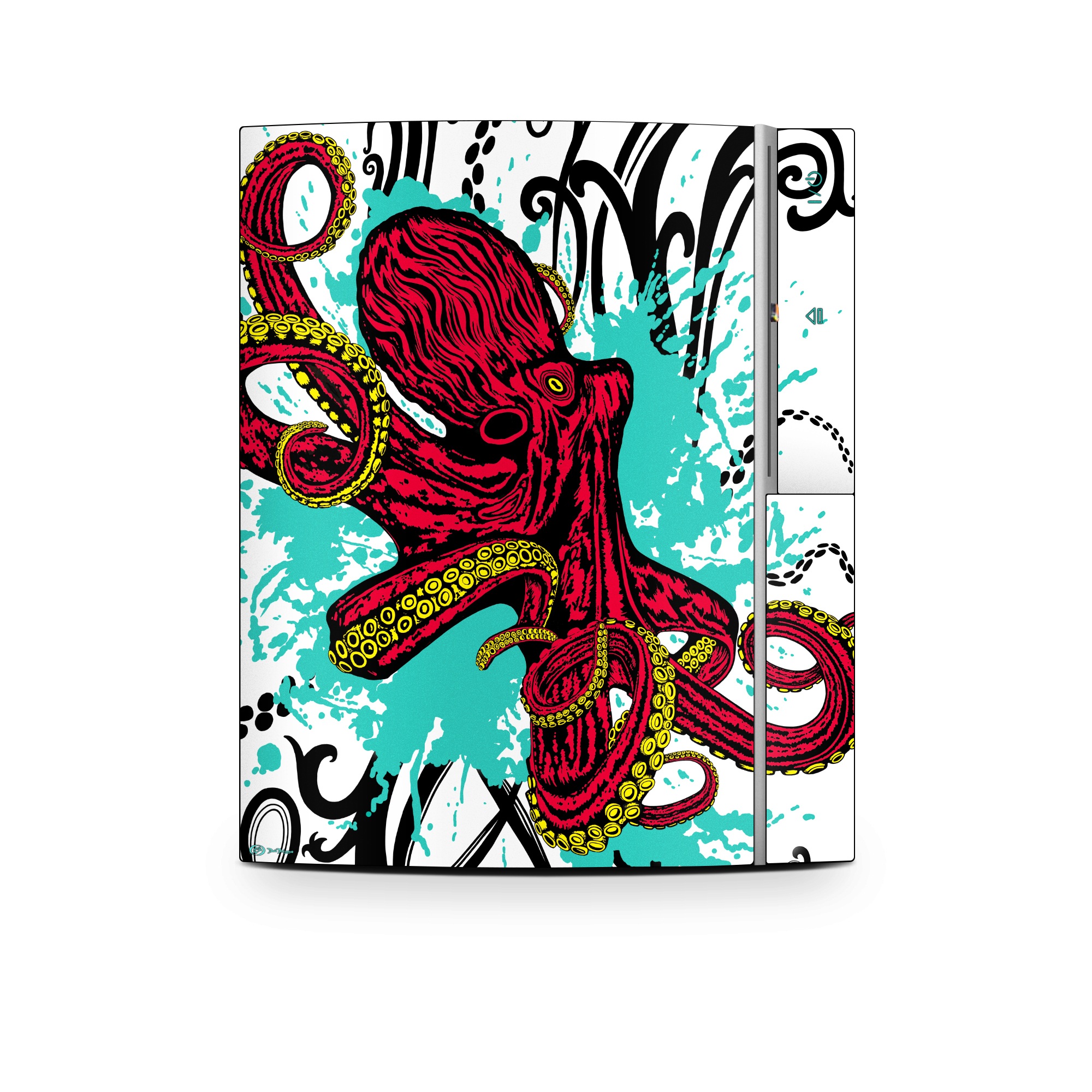 Old PS3 Skin design of Graphic design, Illustration, Visual arts, Octopus, Design, Art, Fictional character, Pattern, Clip art, Line art, with black, white, gray, red, blue, green colors