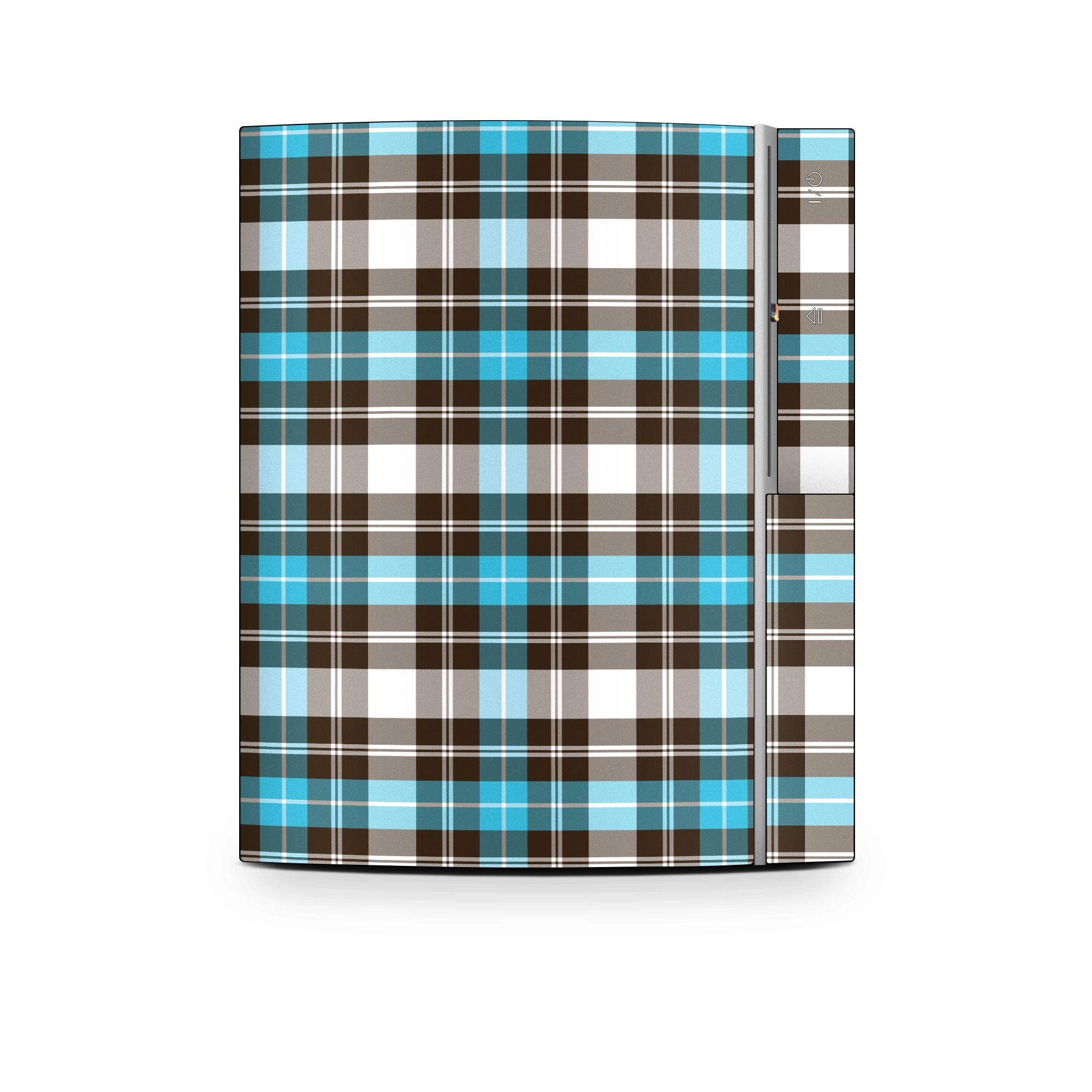 Old PS3 Skin design of Plaid, Pattern, Tartan, Turquoise, Textile, Design, Brown, Line, Tints and shades, with gray, black, blue, white colors