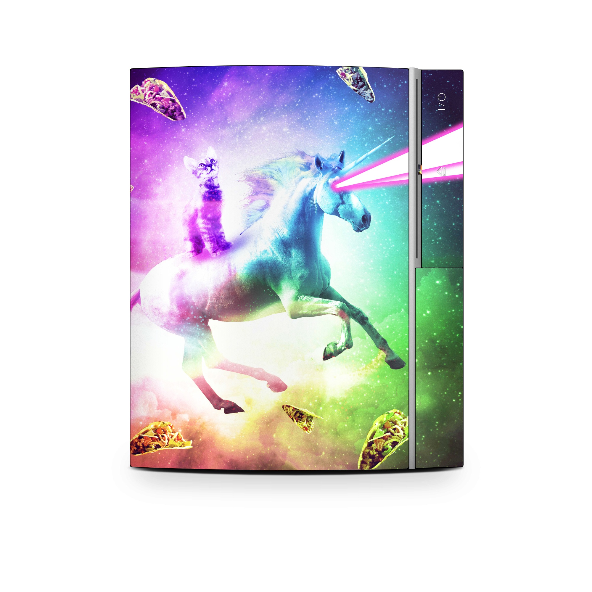 Old PS3 Skin design of Fictional character, Illustration, Unicorn, Graphic design, Sky, Space, Mythical creature, Cg artwork, Art, Mythology, with black, white, blue, green, purple, pink, red colors