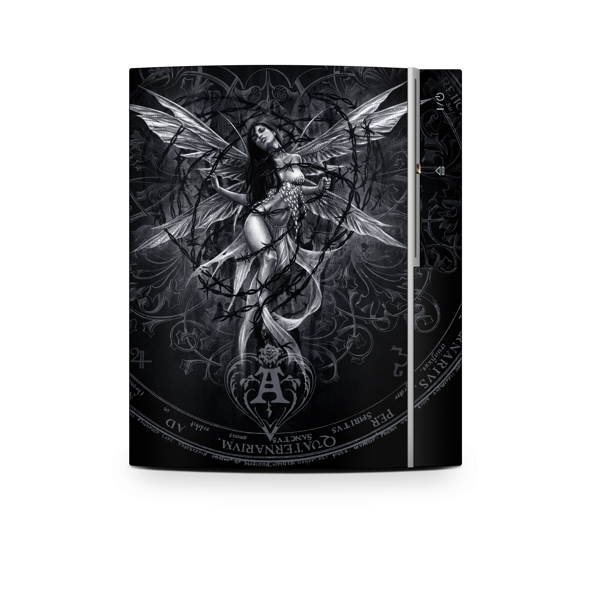 Old PS3 Skin design of Illustration, Graphic design, Darkness, Fictional character, Black-and-white, Pattern, Graphics, Mythical creature, Circle, Wing, with black, white colors