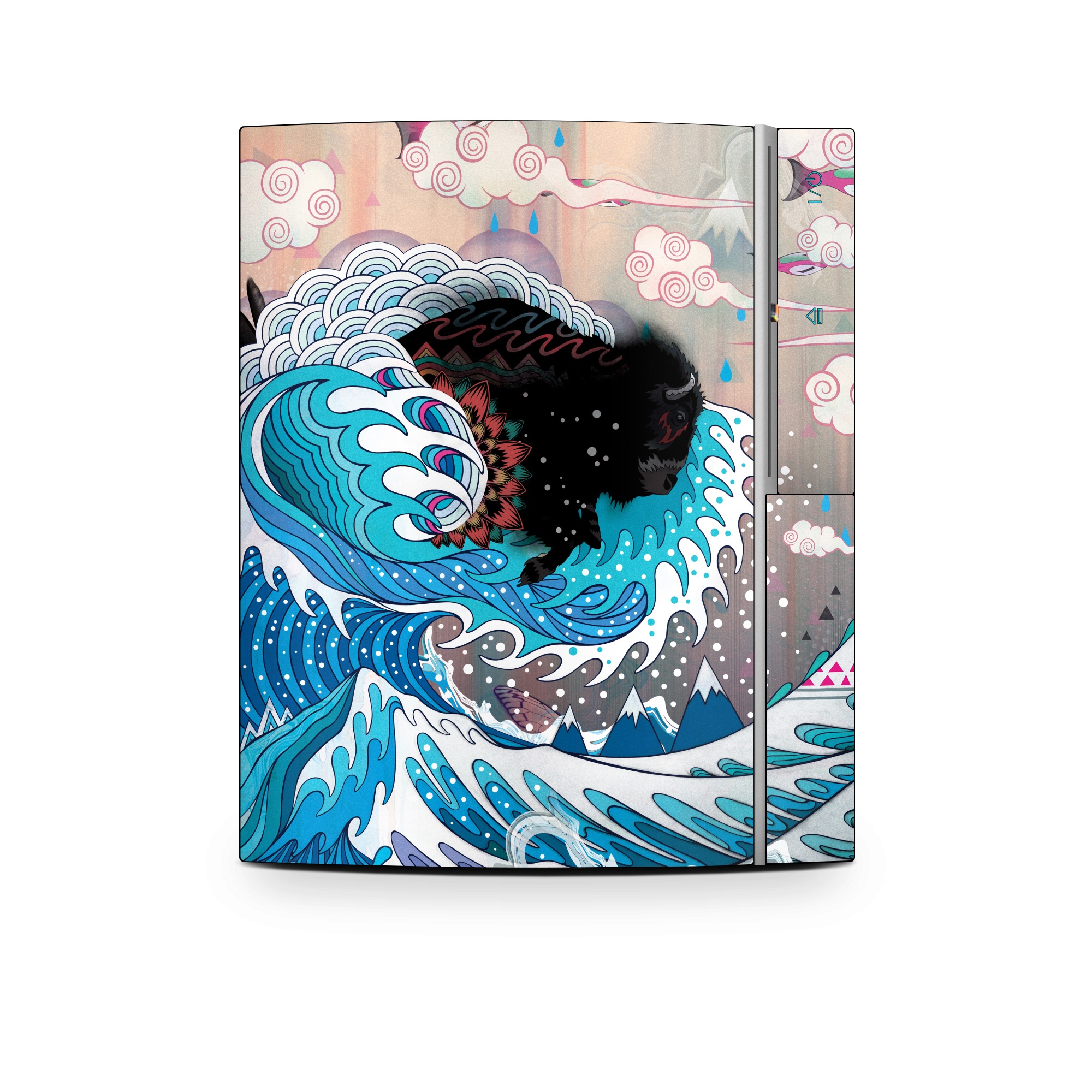 Old PS3 Skin design of Blue, Turquoise, Illustration, Aqua, Graphic design, Pattern, Art, Design, Graphics, Visual arts, with gray, blue, black, pink, white colors