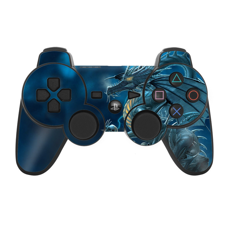 PS3 Controller Skin design of Cg artwork, Dragon, Mythology, Fictional character, Illustration, Mythical creature, Art, Demon, with blue, yellow colors