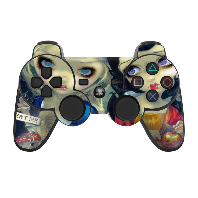 PS3 Controller Skin design of Doll, Cartoon, Illustration, Cat, Art, Fawn, Toy, Fictional character, Whiskers, with blue, yellow, red, orange, gray colors