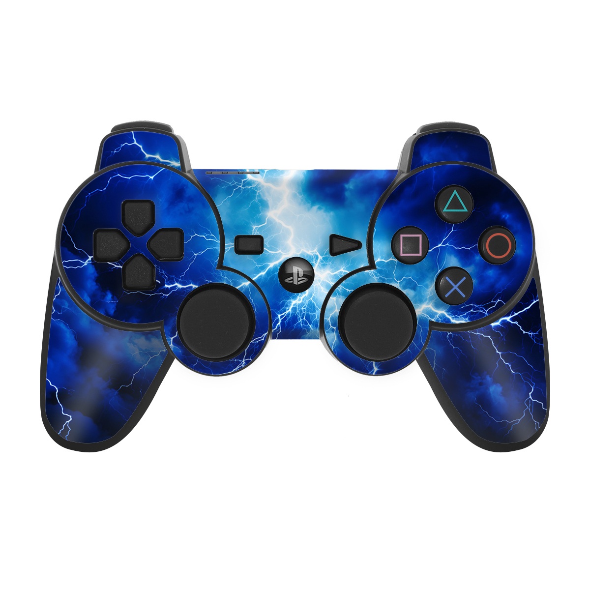 PS3 Controller Skin design of Thunder, Sky, Atmosphere, Daytime, Cloud, Water, Lightning, Light, Azure, Natural environment, with black, blue colors