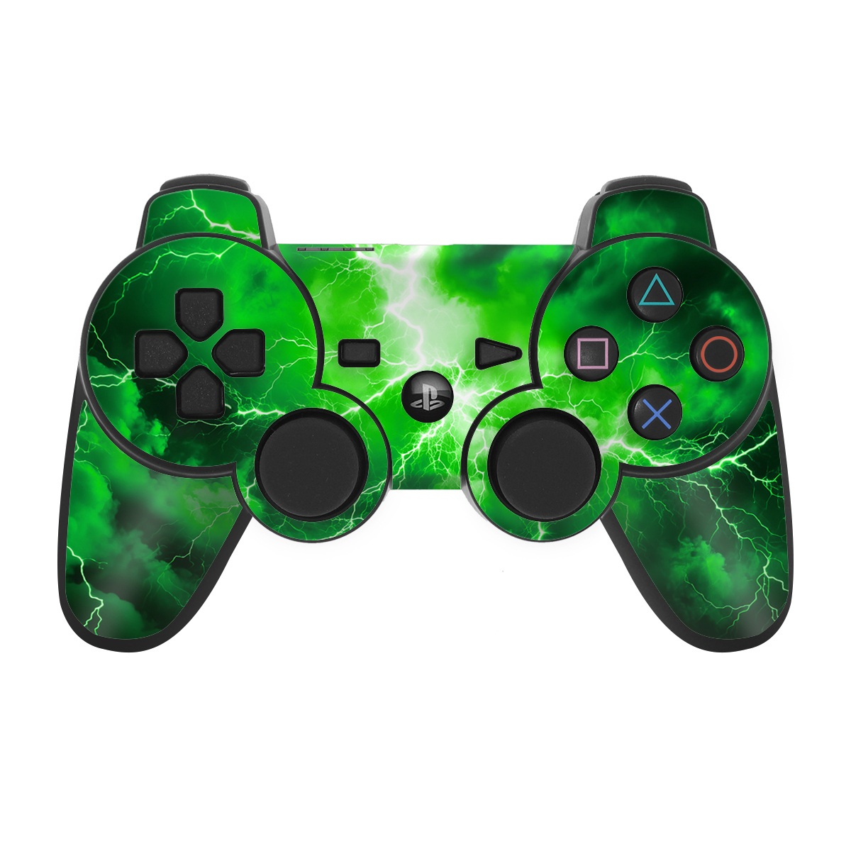 PS3 Controller Skin design of Water, Atmosphere, Thunder, Light, Green, Sky, Natural environment, Natural landscape, Electricity, Organism, with black, green colors