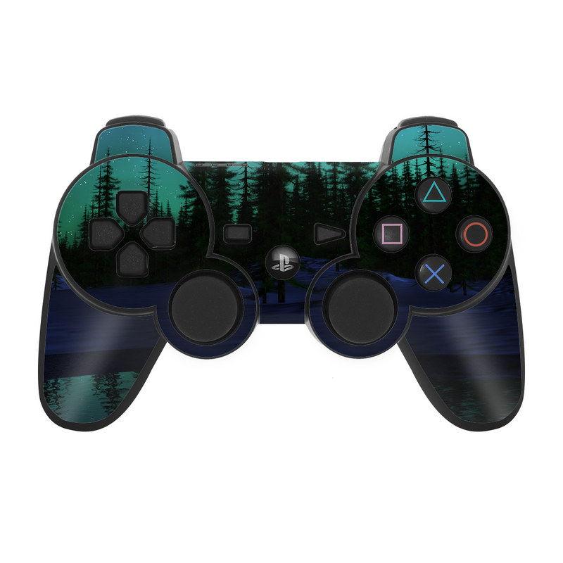 PS3 Controller Skin design of Aurora, Nature, Sky, shortleaf black spruce, Natural landscape, Tree, Wilderness, Natural environment, Biome, Spruce-fir forest, with blue, purple, green, black colors