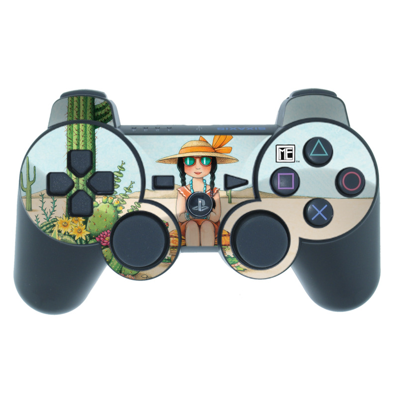 PS3 Controller Skin design of Cartoon, Cactus, Illustration, Animated cartoon, Plant, Vegetable, Fictional character, Art, with green, yellow, pink, orange, brown colors