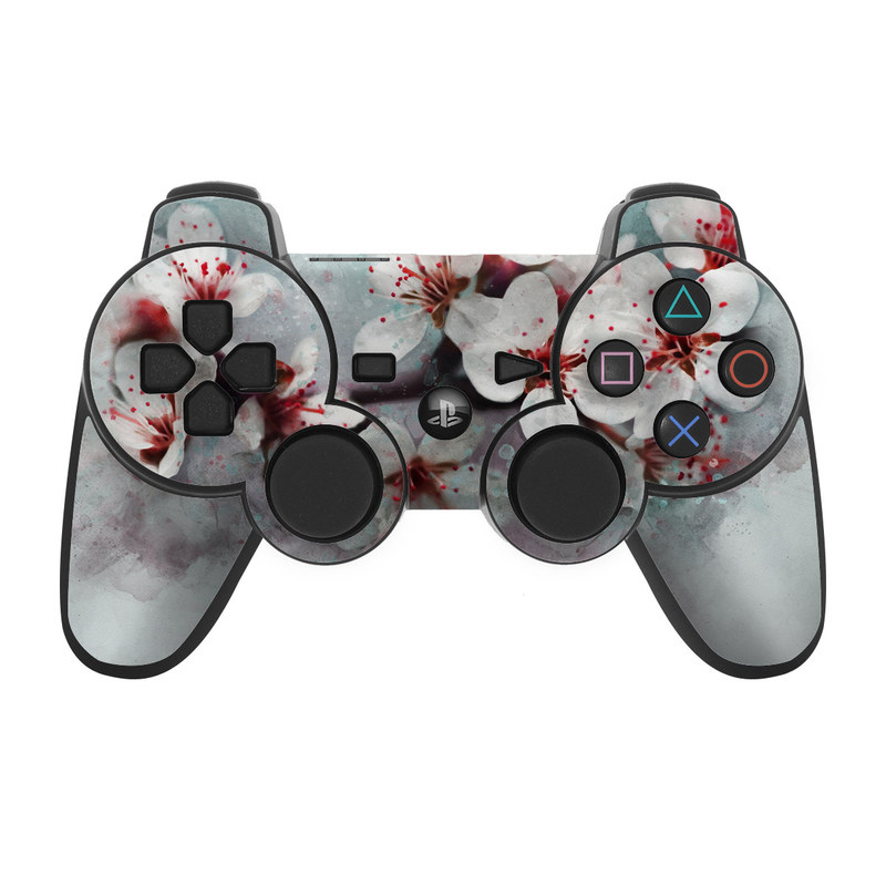 PS3 Controller Skin design of Blossom, Flower, Cherry blossom, Watercolor paint, Plant, Spring, Pink, Petal, Branch, Painting, with white, gray, red, pink, purple, blue colors