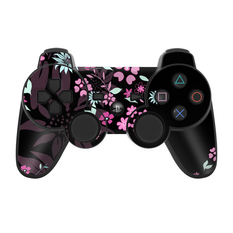 PS3 Controller Skin design of Pink, Pattern, Flower, Plant, Botany, Petal, Floral design, Design, Pedicel, Graphic design, with black, gray, purple, green, red, pink colors
