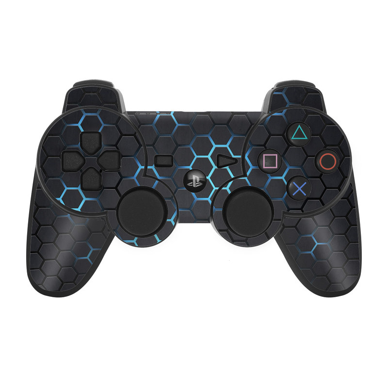 PS3 Controller Skin design of Pattern, Water, Design, Circle, Metal, Mesh, Sphere, Symmetry, with black, gray, blue colors