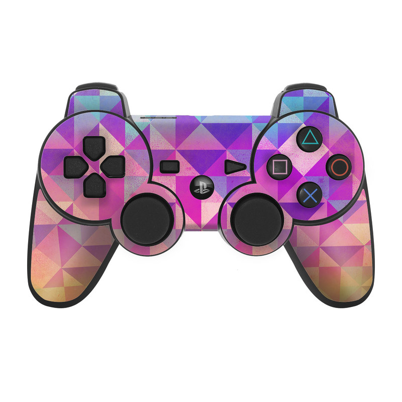 PS3 Controller Skin design of Pattern, Purple, Triangle, Violet, Magenta, Line, Design, Symmetry, Psychedelic art, with gray, purple, green, blue, pink colors