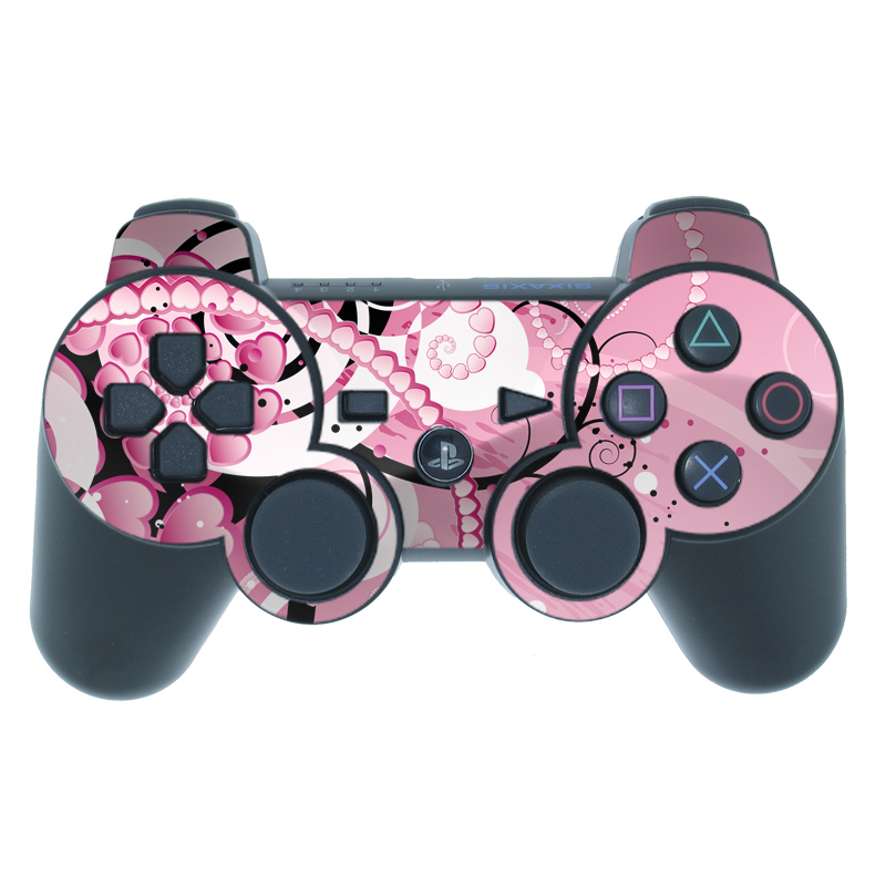 PS3 Controller Skin design of Pink, Floral design, Graphic design, Text, Design, Flower Arranging, Pattern, Illustration, Flower, Floristry, with pink, gray, black, white, purple, red colors