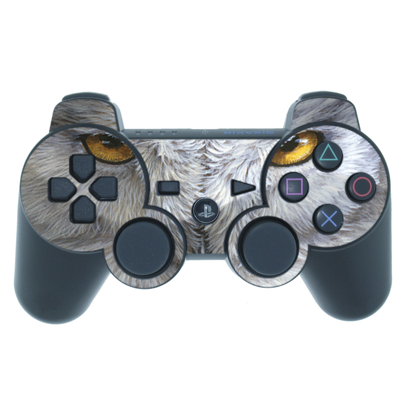 PS3 Controller Skin design of Owl, Bird, Bird of prey, Snowy owl, great grey owl, Close-up, Eye, Snout, Wildlife, Eastern Screech owl, with gray, white, black, blue, purple colors