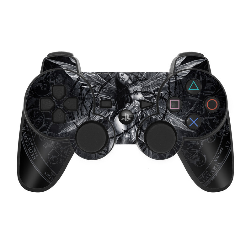 PS3 Controller Skin design of Illustration, Graphic design, Darkness, Fictional character, Black-and-white, Pattern, Graphics, Mythical creature, Circle, Wing, with black, white colors