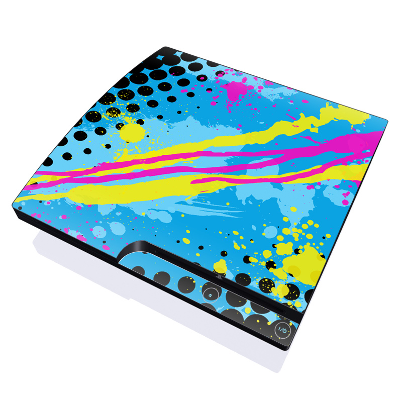 PlayStation 3 Slim Skin design of Blue, Colorfulness, Graphic design, Pattern, Water, Line, Design, Graphics, Illustration, Visual arts, with blue, black, yellow, pink colors