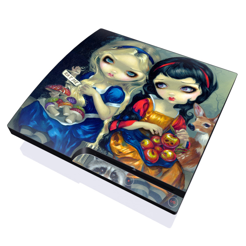 PlayStation 3 Slim Skin design of Doll, Cartoon, Illustration, Cat, Art, Fawn, Toy, Fictional character, Whiskers, with blue, yellow, red, orange, gray colors