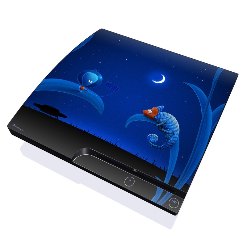 PlayStation 3 Slim Skin design of Organism, Astronomical object, Space, Illustration, Night, Graphics, with black, blue, orange colors