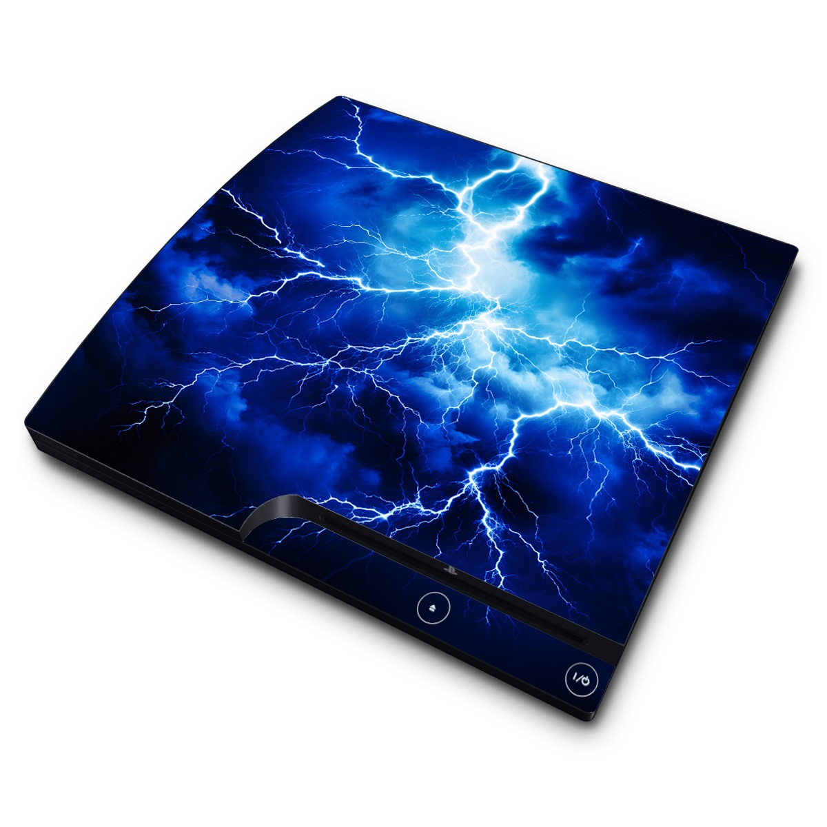 PlayStation 3 Slim Skin design of Thunder, Sky, Atmosphere, Daytime, Cloud, Water, Lightning, Light, Azure, Natural environment, with black, blue colors
