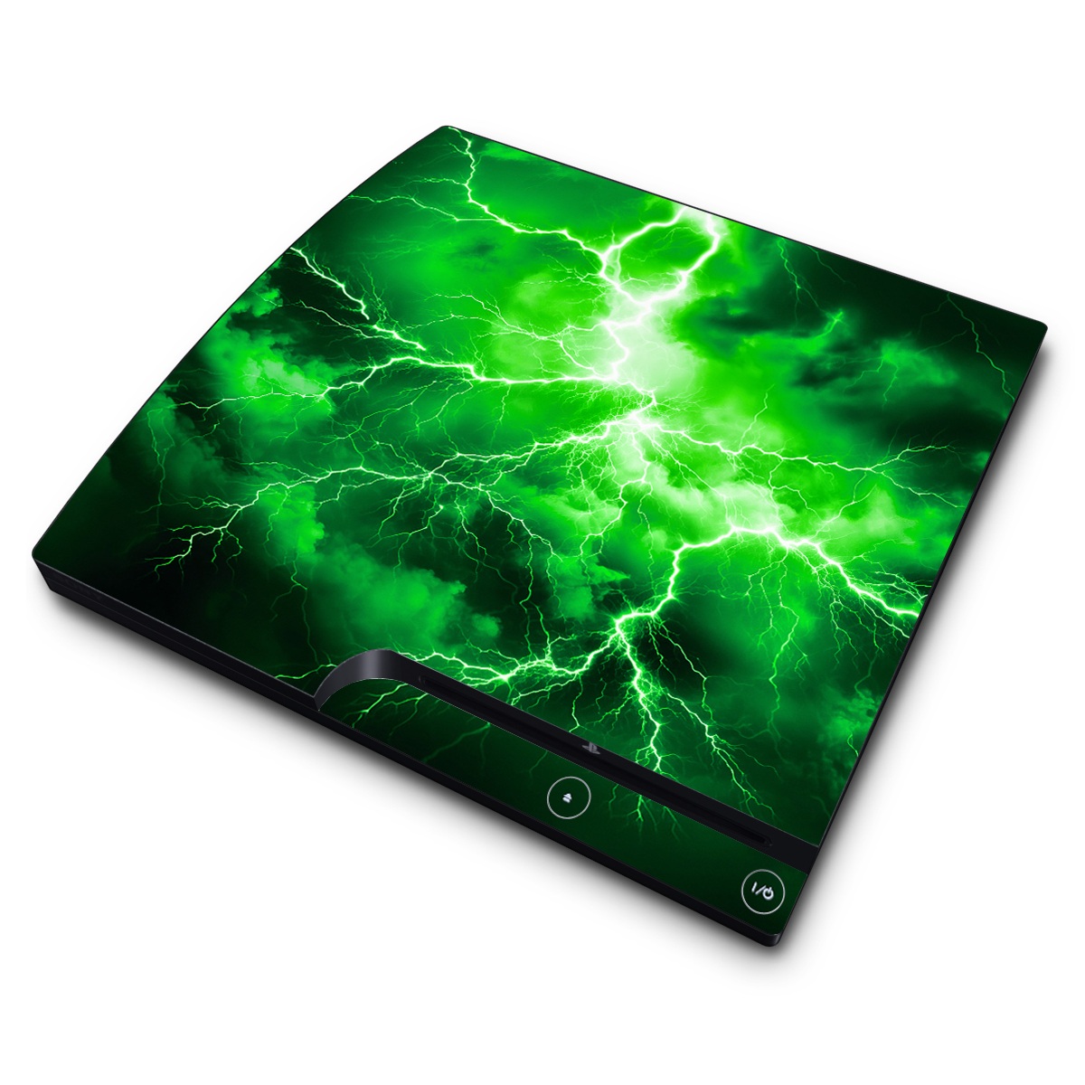 PlayStation 3 Slim Skin design of Water, Atmosphere, Thunder, Light, Green, Sky, Natural environment, Natural landscape, Electricity, Organism, with black, green colors