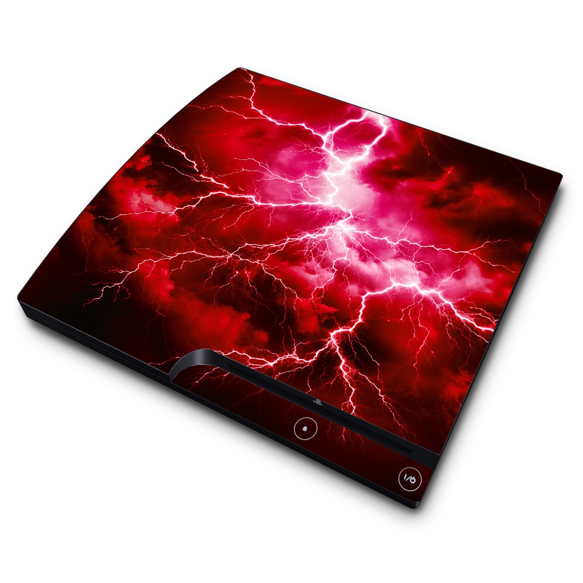 PlayStation 3 Slim Skin design of Thunder, Atmosphere, Sky, Light, Purple, Lighting, Water, Thunderstorm, Electricity, Pink, with black, red colors