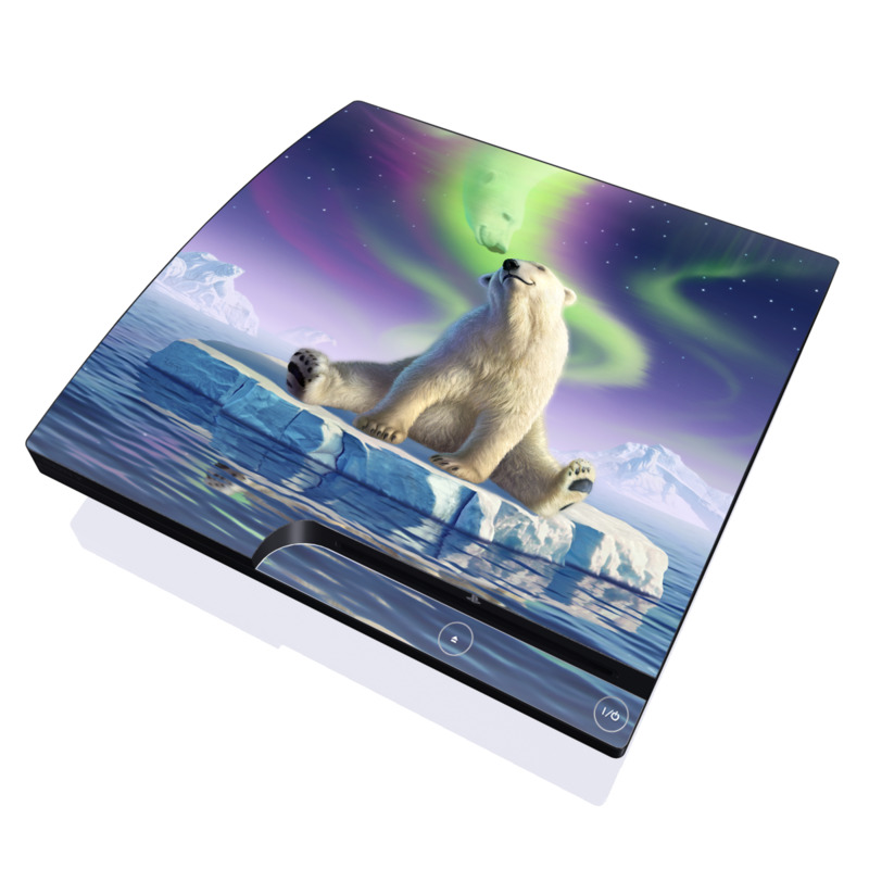 PlayStation 3 Slim Skin design of Aurora, Sky, Wildlife, Polar bear, Fictional character, with white, blue, green, purple colors