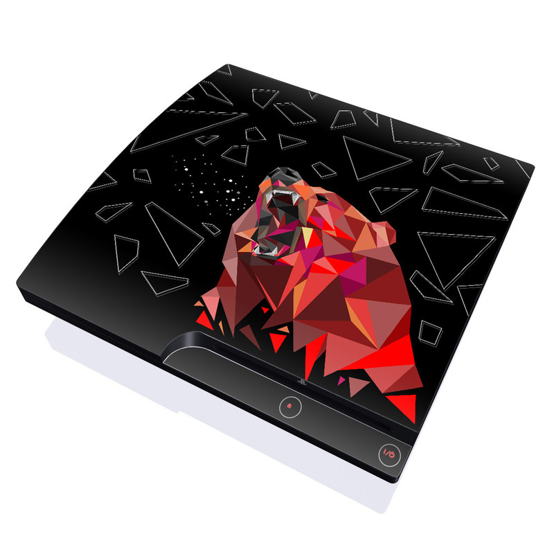 PlayStation 3 Slim Skin design of Graphic design, Triangle, Font, Illustration, Design, Art, Visual arts, Graphics, Pattern, Space, with black, red colors