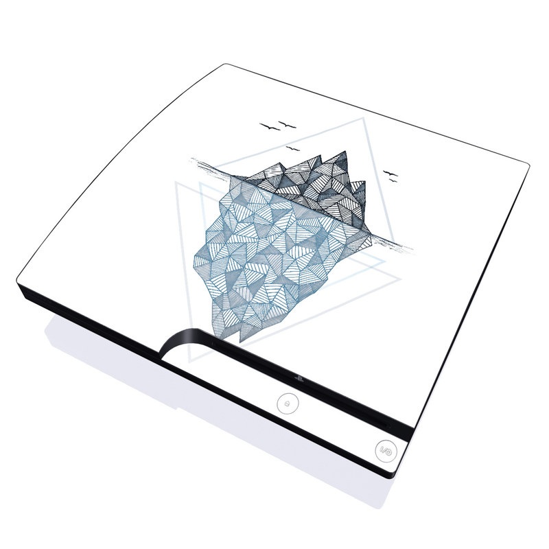 PlayStation 3 Slim Skin design of Line, Illustration, Design, Symmetry, Pattern, Triangle, Art, with white, black, gray, blue colors