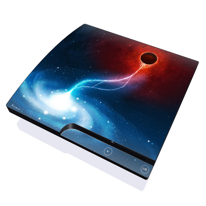 PlayStation 3 Slim Skin design of Outer space, Atmosphere, Astronomical object, Universe, Space, Sky, Planet, Astronomy, Celestial event, Galaxy, with blue, red, black colors
