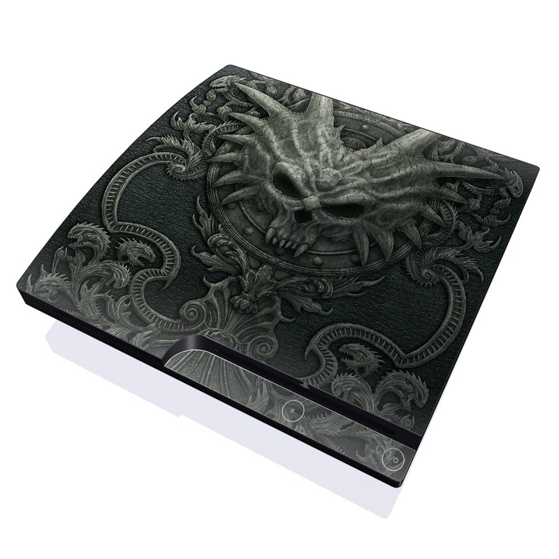 PlayStation 3 Slim Skin design of Demon, Dragon, Fictional character, Illustration, Supernatural creature, Drawing, Symmetry, Art, Mythology, Mythical creature, with black, gray colors