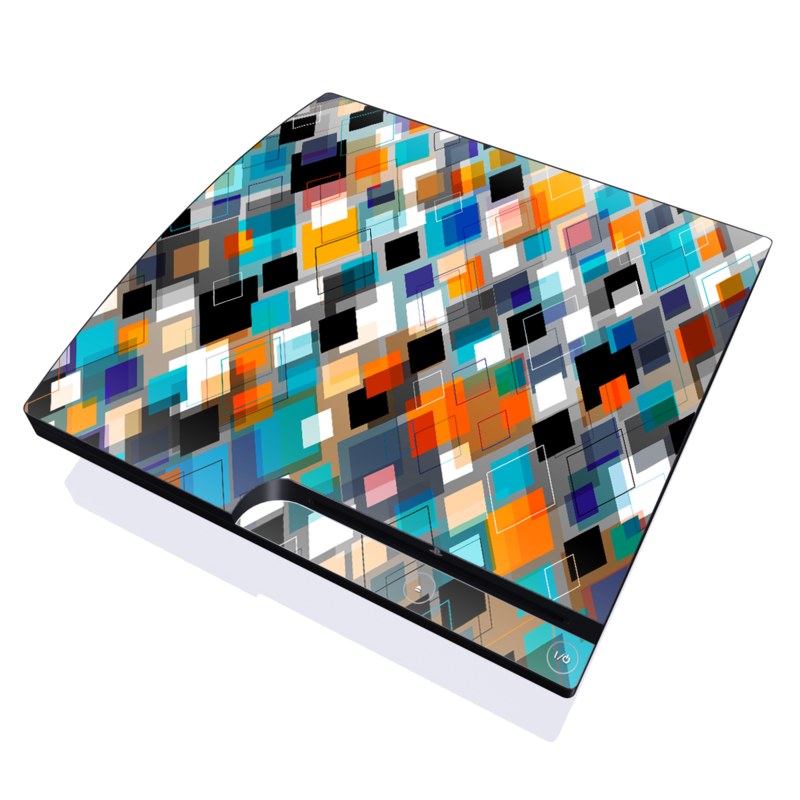 PlayStation 3 Slim Skin design of Pattern, Line, Design, Colorfulness, Plaid, Tints and shades, Textile, Symmetry, Square, with black, blue, red, orange, white colors