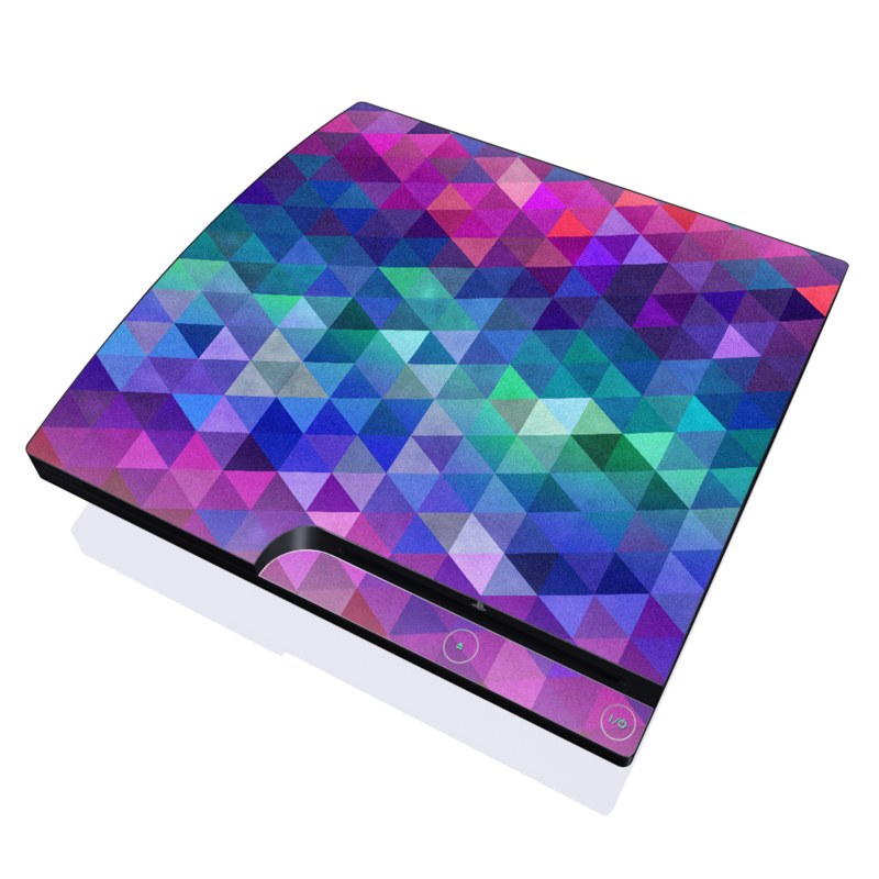 PlayStation 3 Slim Skin design of Purple, Violet, Pattern, Blue, Magenta, Triangle, Line, Design, Graphic design, Symmetry, with blue, purple, green, red, pink colors